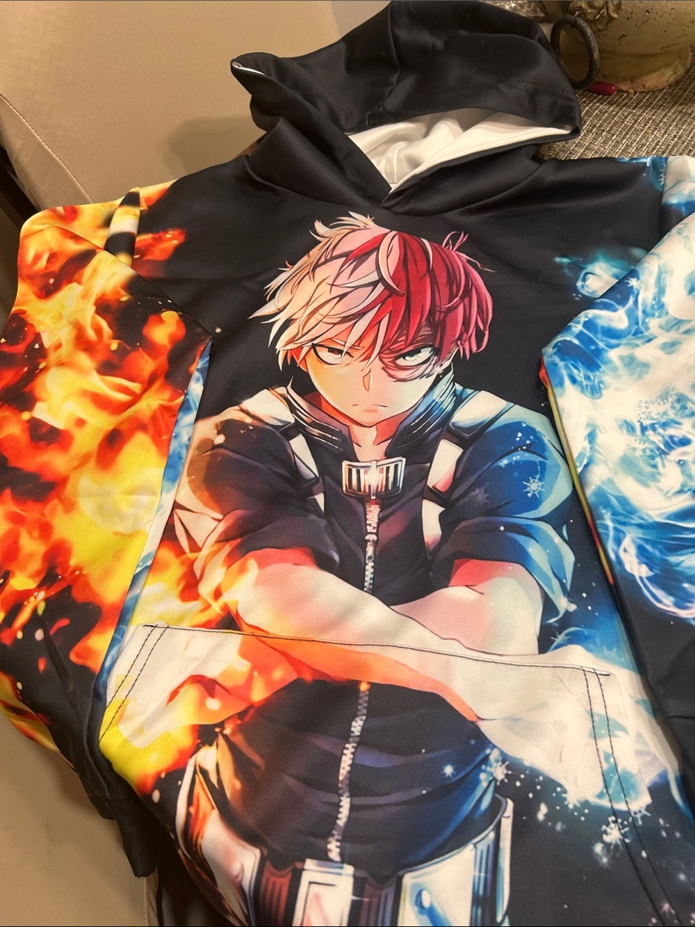 Unbranded Kids Fire & Ice Anime Hoodie - Black with Red, White, Blue Accents.